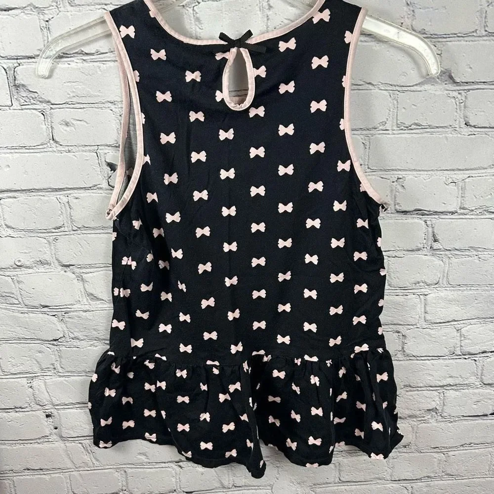 Kate Spade Women’s Sleeveless Top Black with Pink Bows Ruffle Bottom Keyhole S